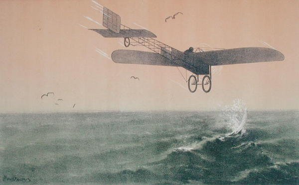 Louis Bleriot (1872-1936) atravessando o Canal da Mancha pela primeira vez de avião em 25 de julho de 1909, c.1910 (cor litho) de Leon Pousthomis