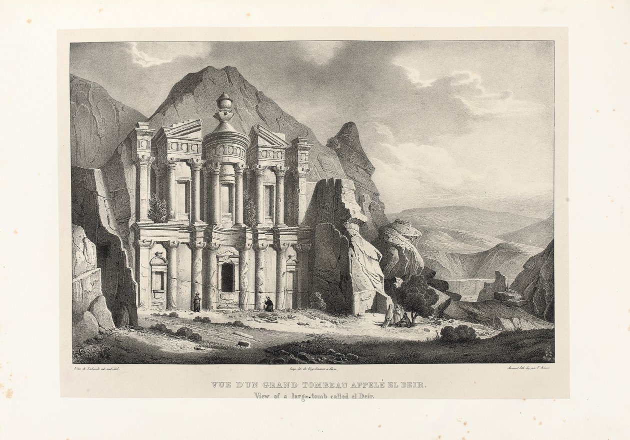 Vista de uma grande tumba chamada El Deir, Petra, 1830 de Leon de Laborde
