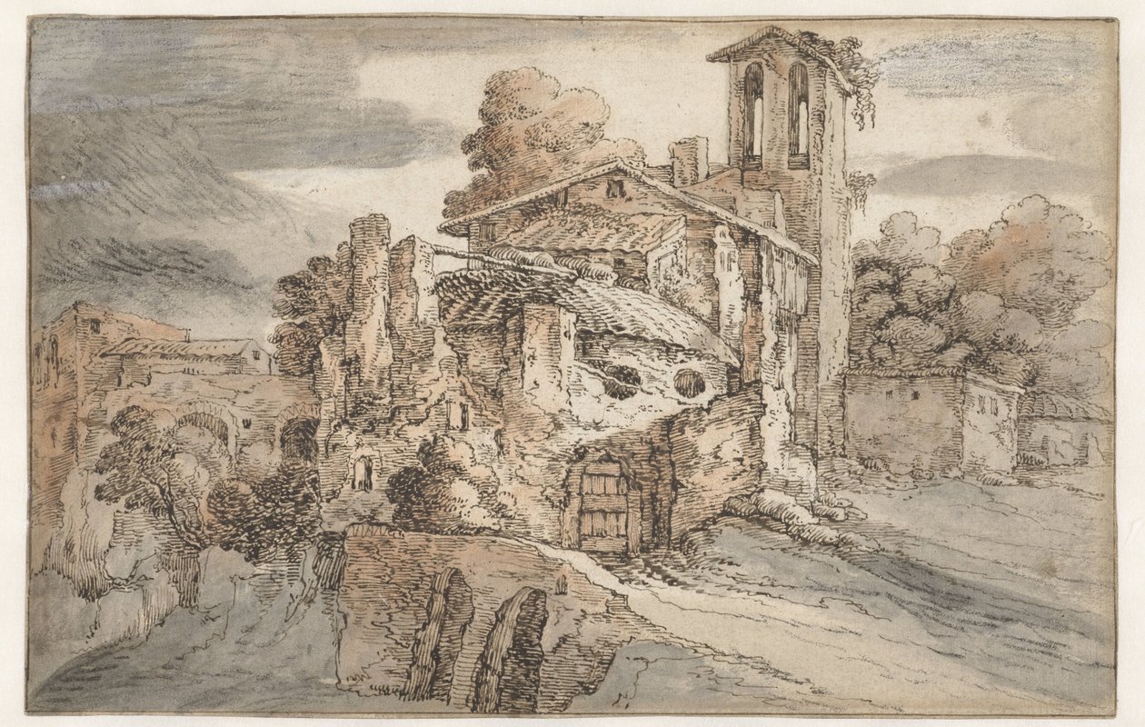 Igreja e ruínas antigas em Itália de Leonaert Bramer (attributed to)