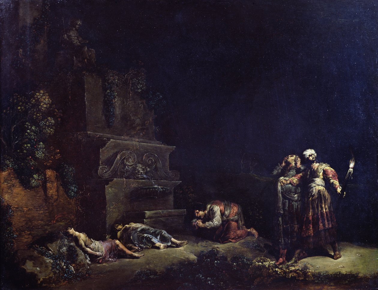 A descoberta dos corpos de Pyramus e Thisbe, c.1630-35 (óleo sobre cobre) de Leonard Bramer