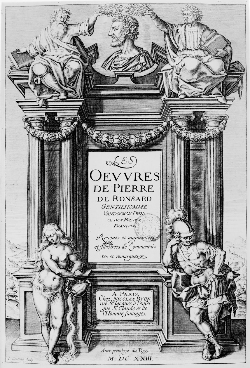 Frontispício de &39;Obras&39; de Pierre de Ronsard (1524-1585) 1623 de Leonard Gaultier