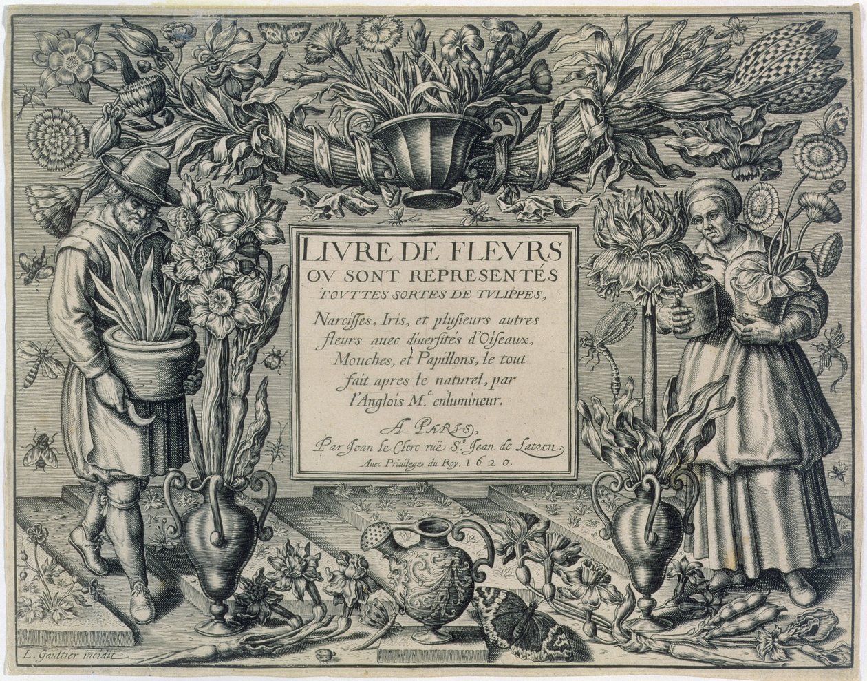 Página de título de &39;Book of Flowers&39; de Jean Le Clerc, publicada em 1620 de Leonard Gaultier