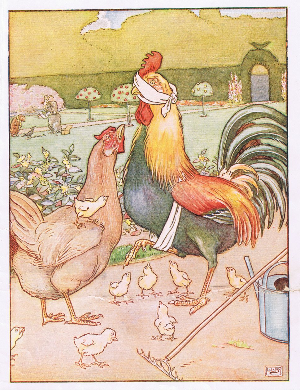 E o galo teve uma batida desagradável, ilustração de &39;Johnny Crow&39;s Party&39;, c.1930 de Leonard Leslie Brooke
