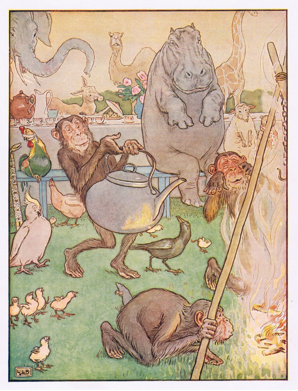Então, o chimpanzé colocou a chaleira para o chá, ilustração de "Johnny Crow&39;s Party", c.1930 de Leonard Leslie Brooke