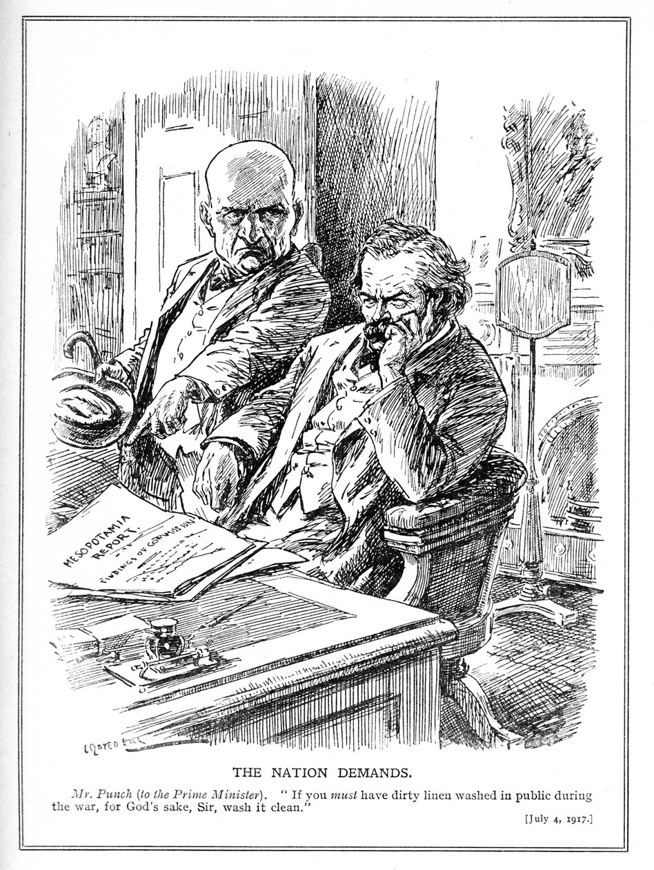 LLoyd George é repreendido por Punch por causa do Relatório sobre a Invasão Britânica do Iraque (Mesopotâmia) em 1914, cartum da revista Punch, julho de 1917 de Leonard Raven Hill