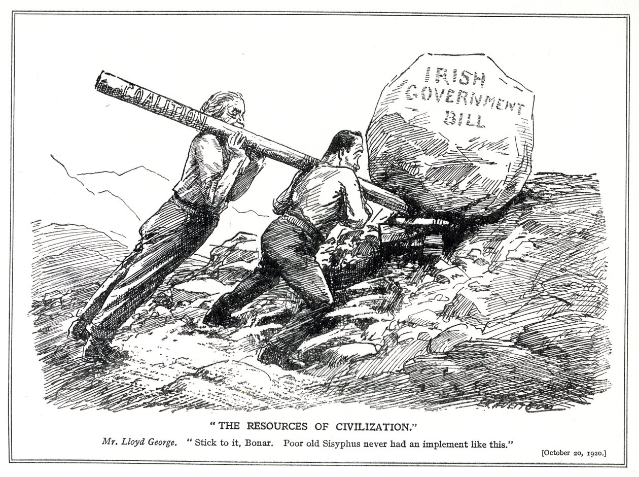 Lloyd George e Bonar Law tentam resolver a questão irlandesa com a ajuda da alavanca do governo de coalizão, outubro de 1920 de Leonard Raven Hill