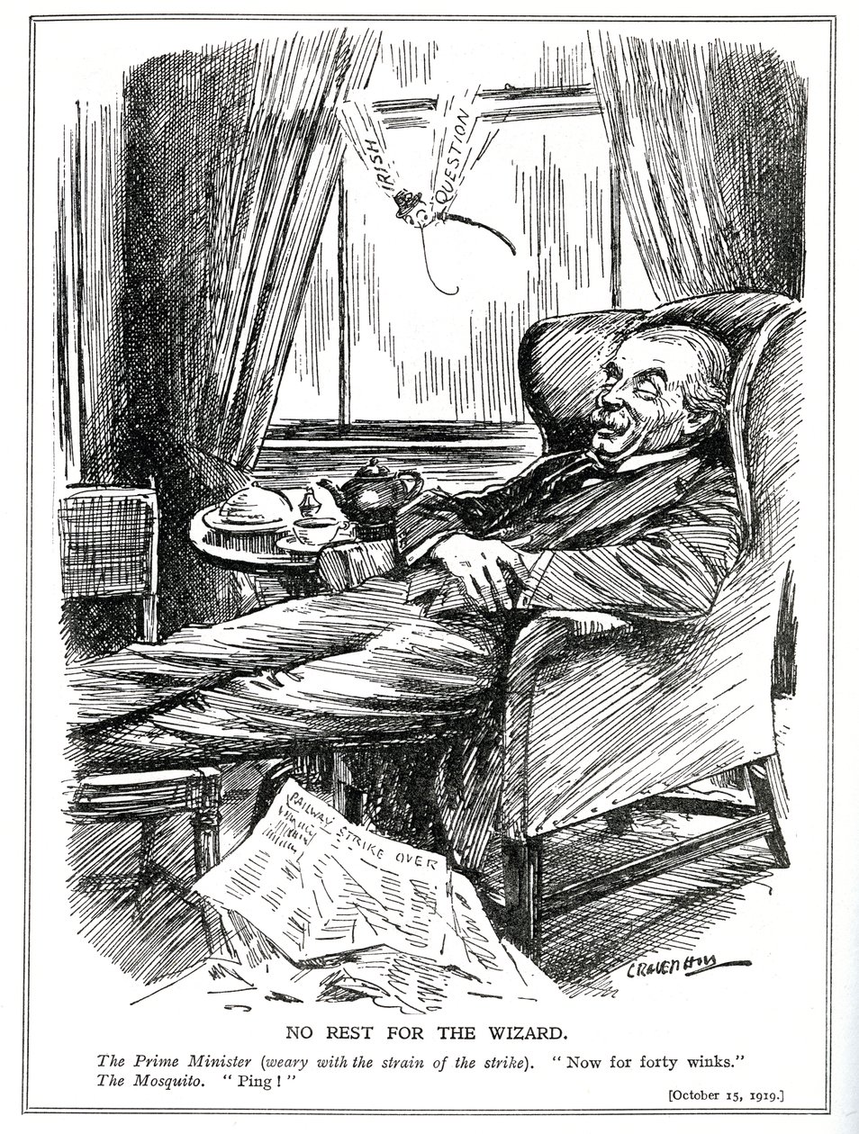 Lloyd George é impedido de descansar pelas dificuldades causadas pela agitação industrial na Grã-Bretanha e, além disso, os problemas da Irlanda, outubro de 1919 de Leonard Raven Hill