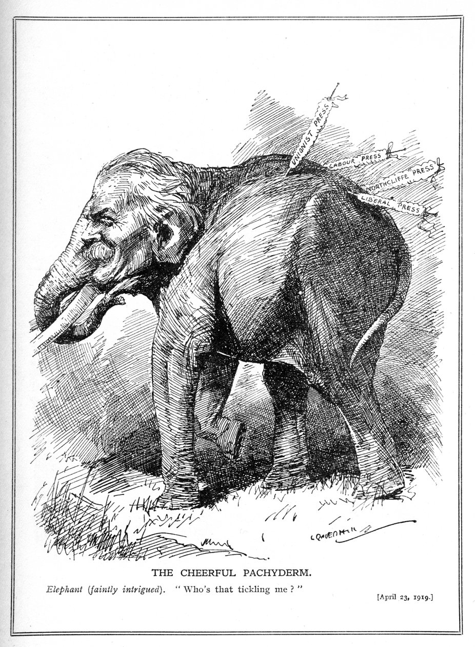 Lloyd George, retratado como um elefante, não presta atenção às críticas da imprensa, abril de 1919 de Leonard Raven Hill