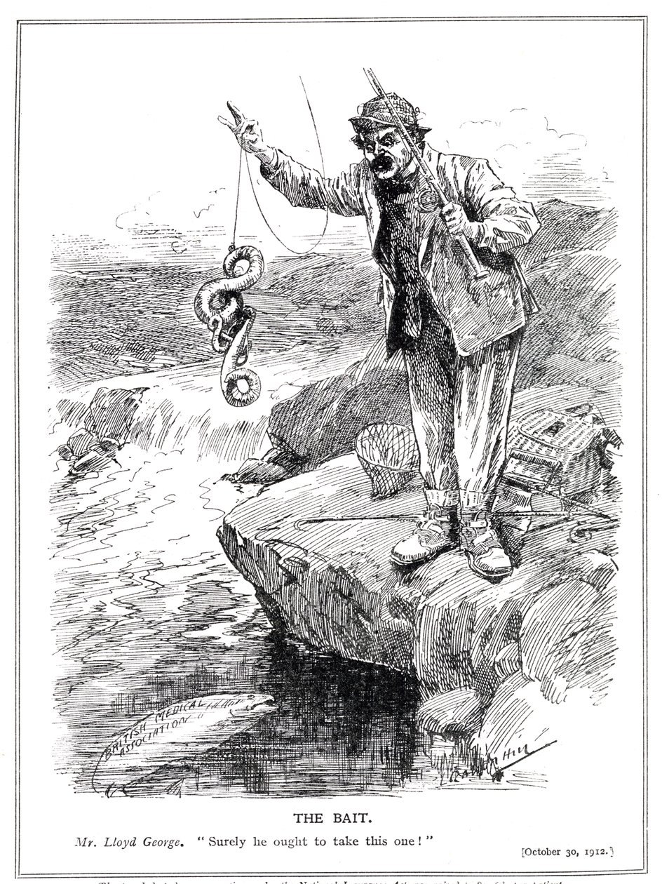 Lloyd George tenta conquistar a profissão médica para aprovação de sua Lei Nacional de Seguros, 1912 de Leonard Raven Hill