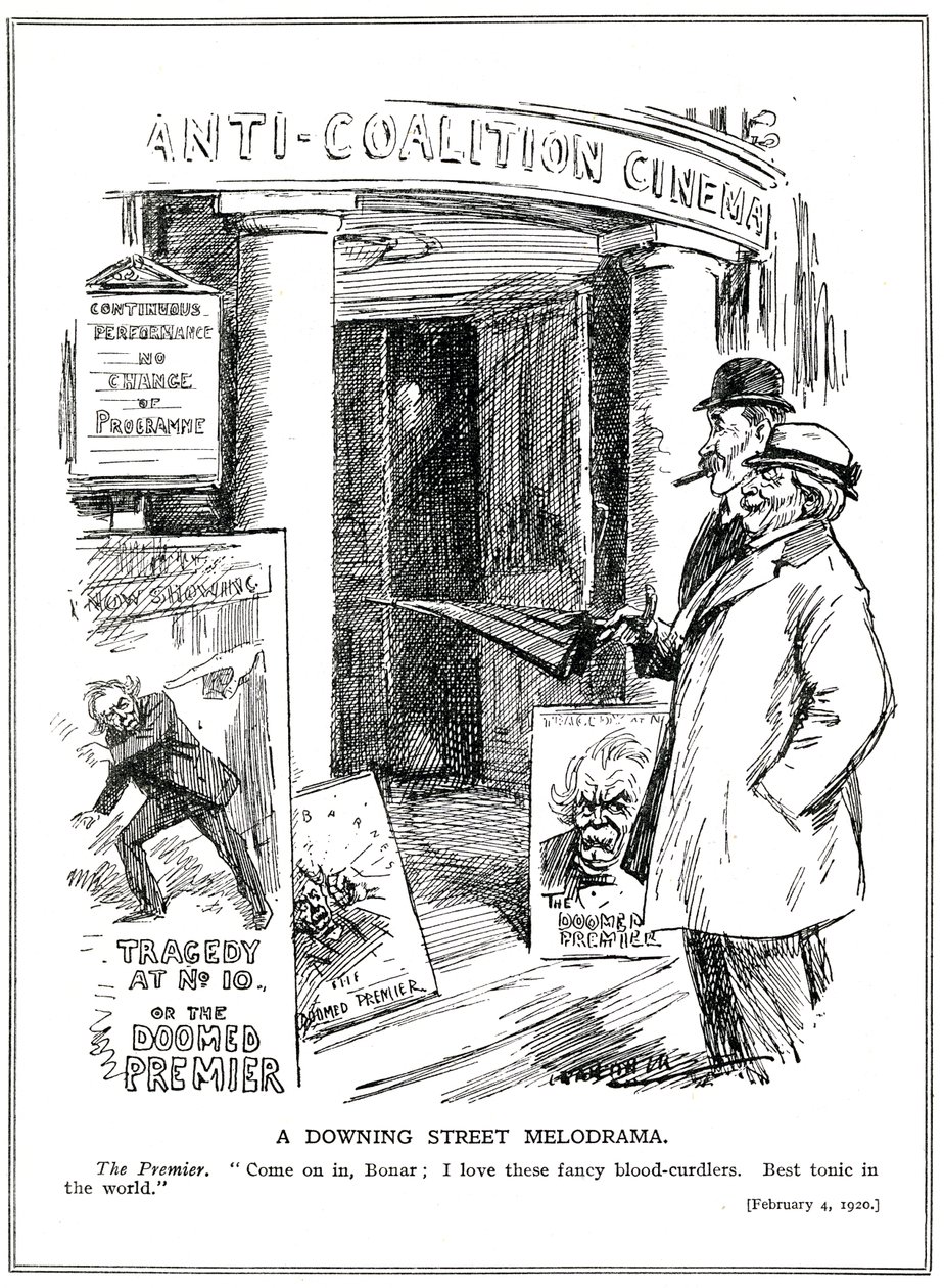 O Primeiro Ministro Liberal, Lloyd George, convida seu Chanceler Conservador, Bonar Law, a visitar o Cinema "Anti-Coalizão" para ver a Tragédia no No.10, The Doomed Premier, desenho animado da revista "Punch" de Leonard Raven Hill