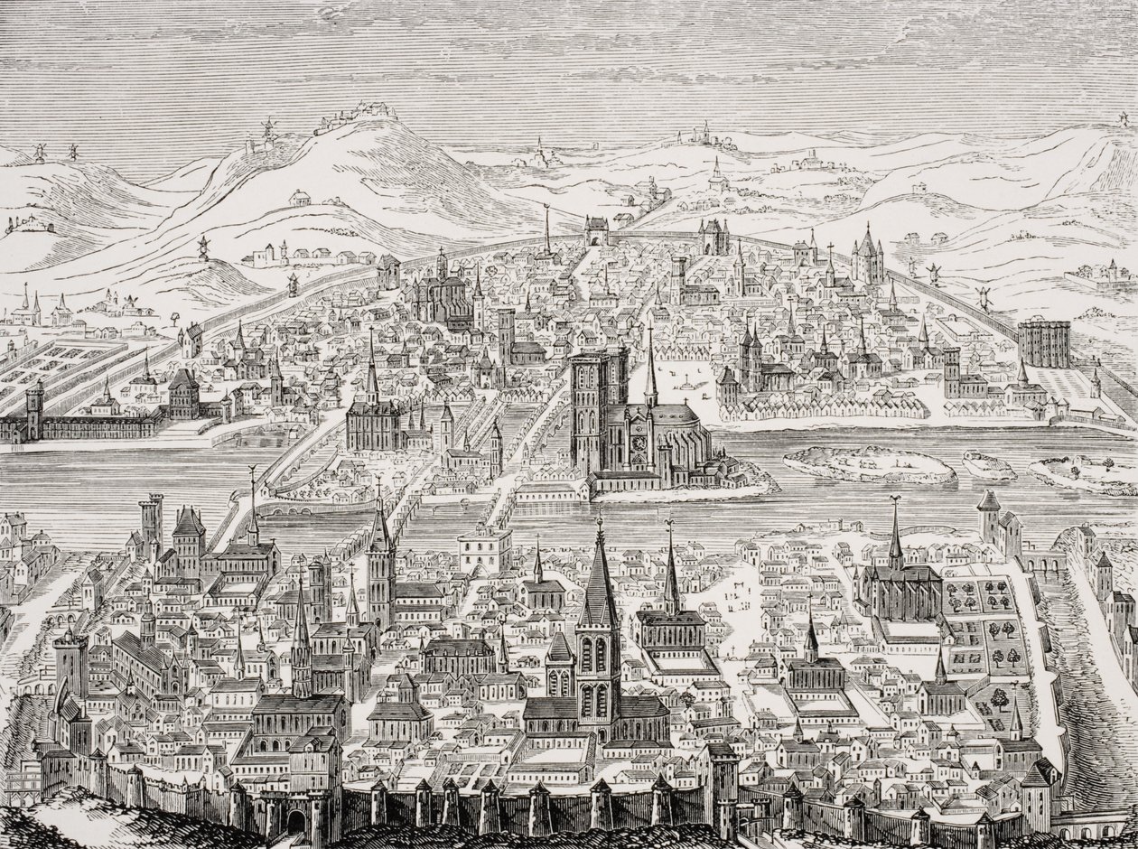 Fac-símile de uma placa de cobre com vista em perspectiva de Paris em 1607 de Leonard after Gaultier