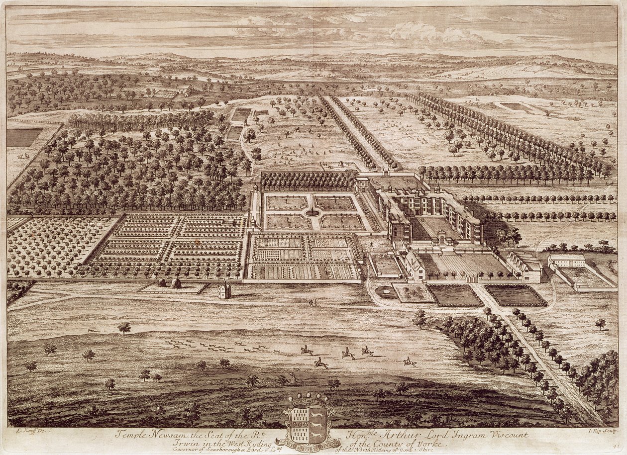 Perspectiva da Casa Temple Newsam do Leste, gravada por Jan Kip (c.1652-1722) 1702 (gravura) de Leonard (after) Knyff