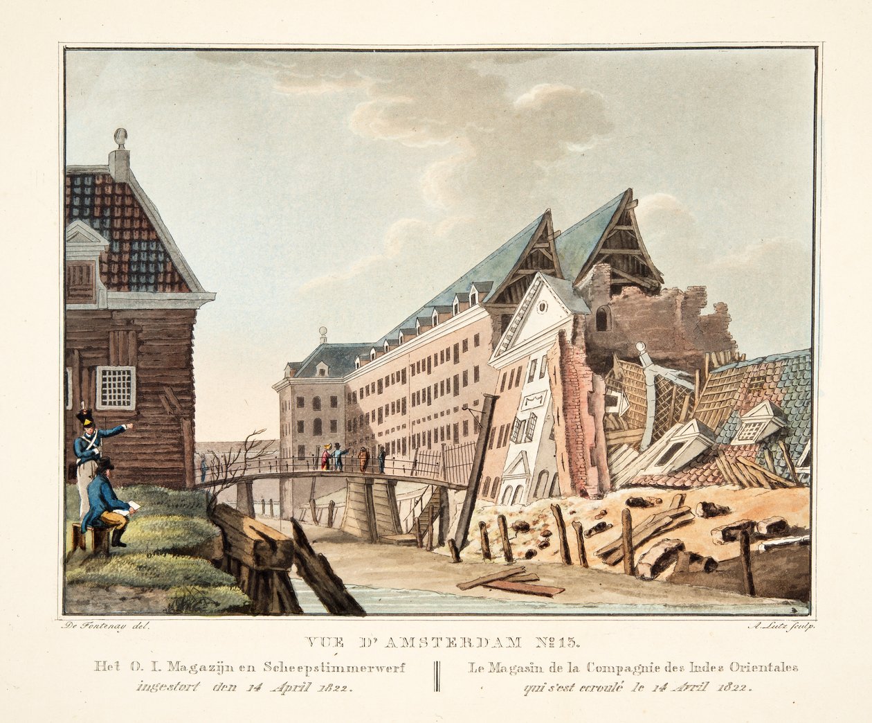 Vue d&39;Amsterdam No.13. O armazém e o estaleiro da OI desabaram em 14 de abril de 1822. Le Magasin de la Compagnie des Indes Orientais qui sècle ecroulé le 14 Avril 1822, 1825 (gravura colorida à mão de Leonard Alexis Dalige de Fontenay