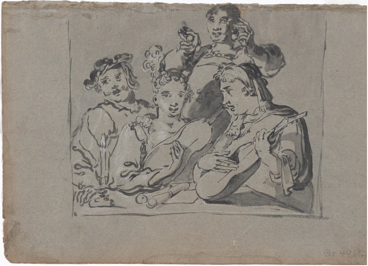 Um Quarteto de Cantores, Alaúdes e Tocadores de Sinos Tocando numa Taberna à Luz de Velas, 1620-1628. de Leonard Bramer