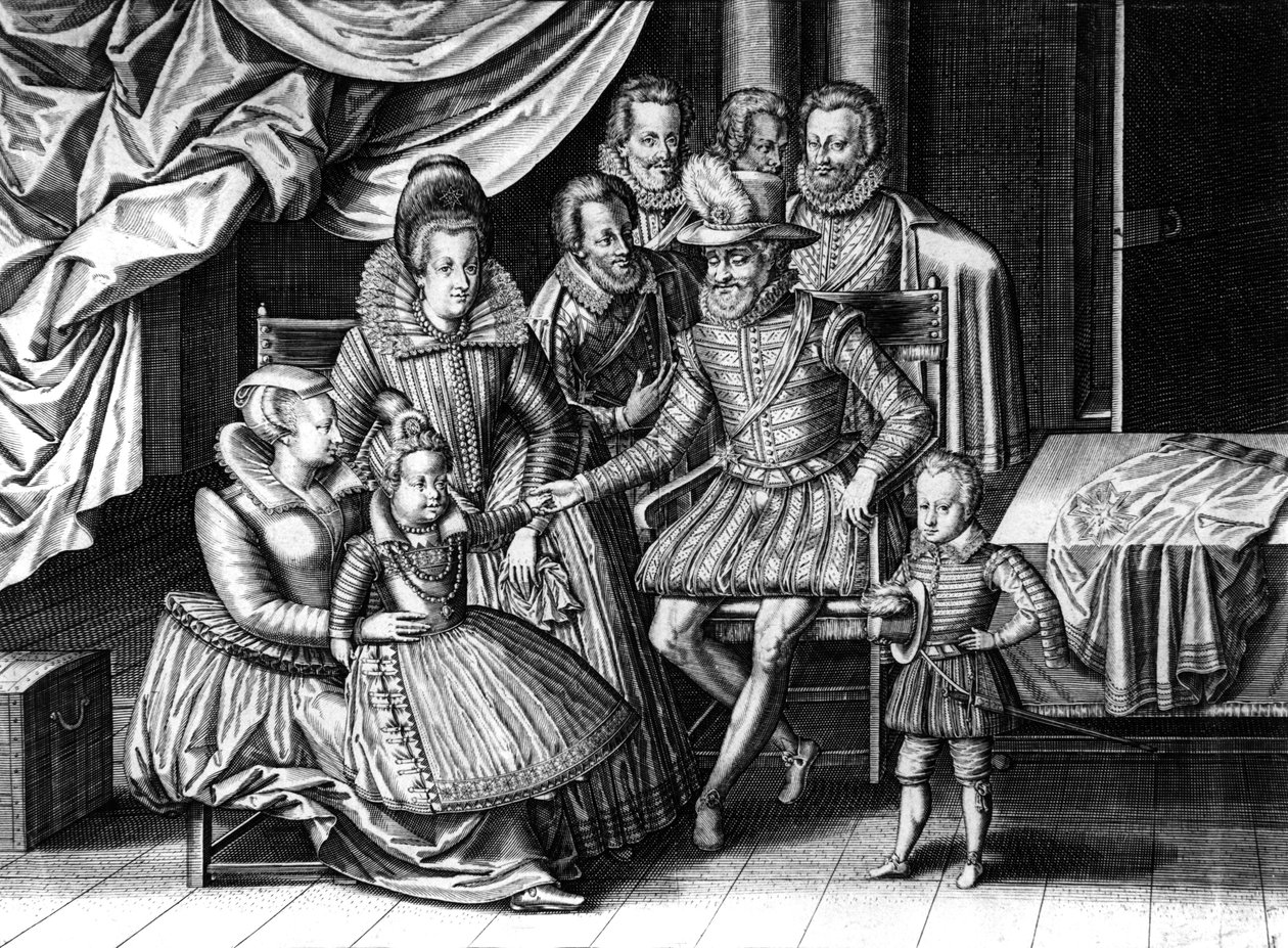 O rei francês Henri IV com sua esposa Marie de Medicis e 2 de seus filhos: o futuro Luís XIII e Isabel, gravada por Leonard Gaultier e Le Clerc, c. 1605 de Leonard Gaultier