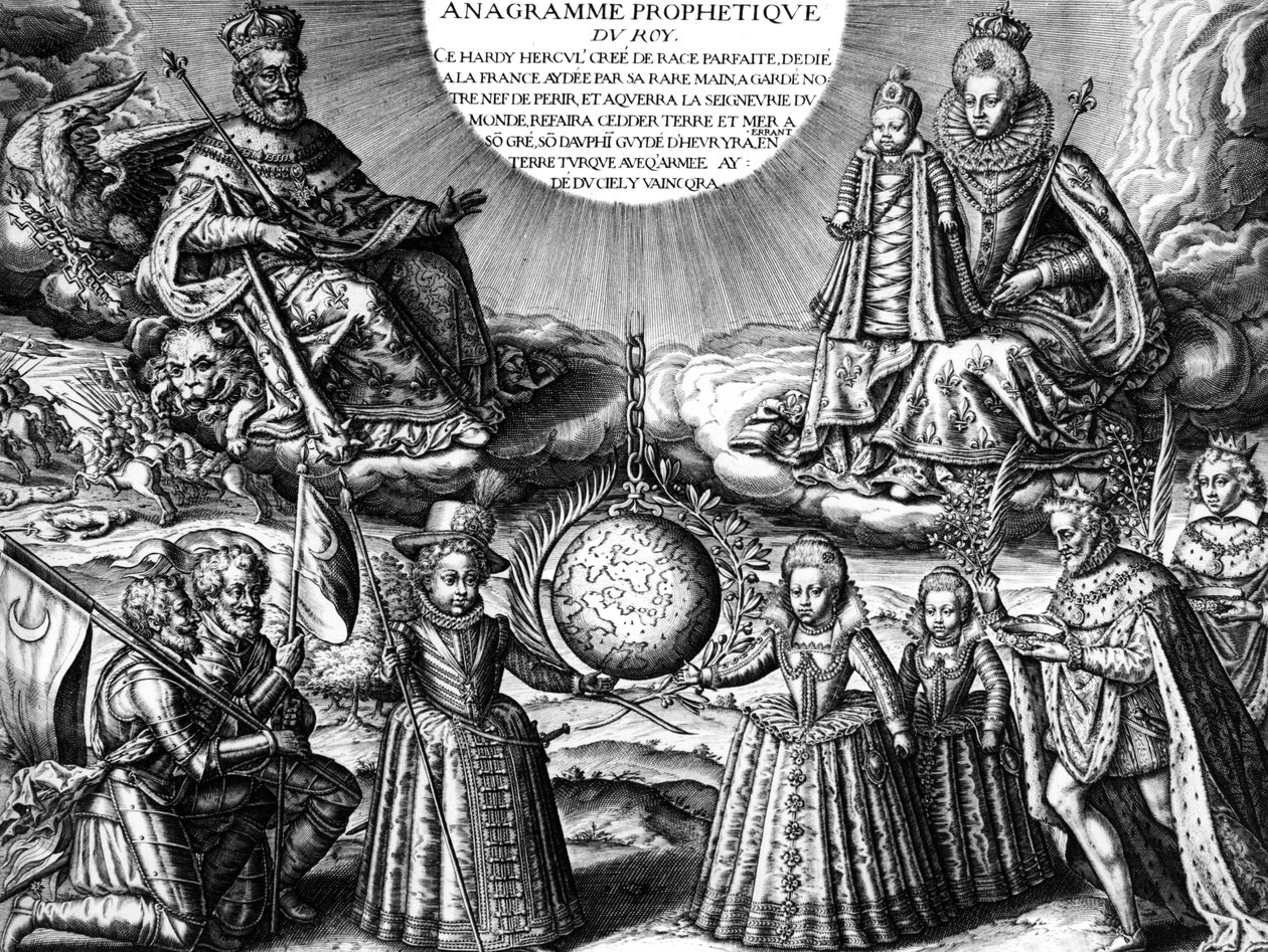 Família real francesa em 1607 (propaganda) : o rei francês Henri IV e sua esposa rainha Marie de Medicis segurando sua filha Christine; fundo : seus outros filhos : o futuro Luís XIII, Elisabeth e Henriette-Marie. Em r : o rei seguido de seus doentes de Leonard Gaultier