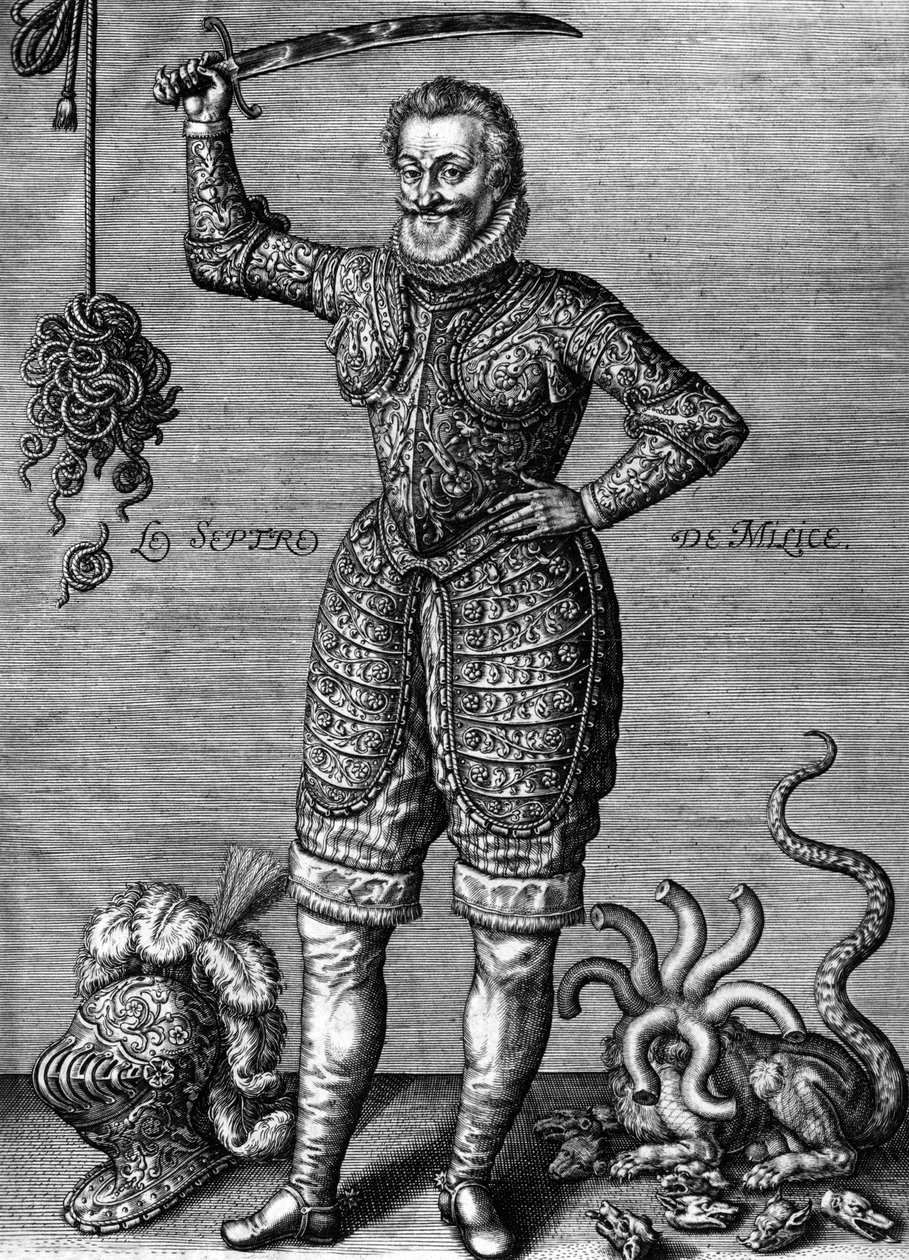Henri IV (1553-1610) rei francês em 1589-1610, aqui usando uma armadura, segurando uma espada, como uma direita de erros, gravada por Leonard Gaultier de Leonard Gaultier
