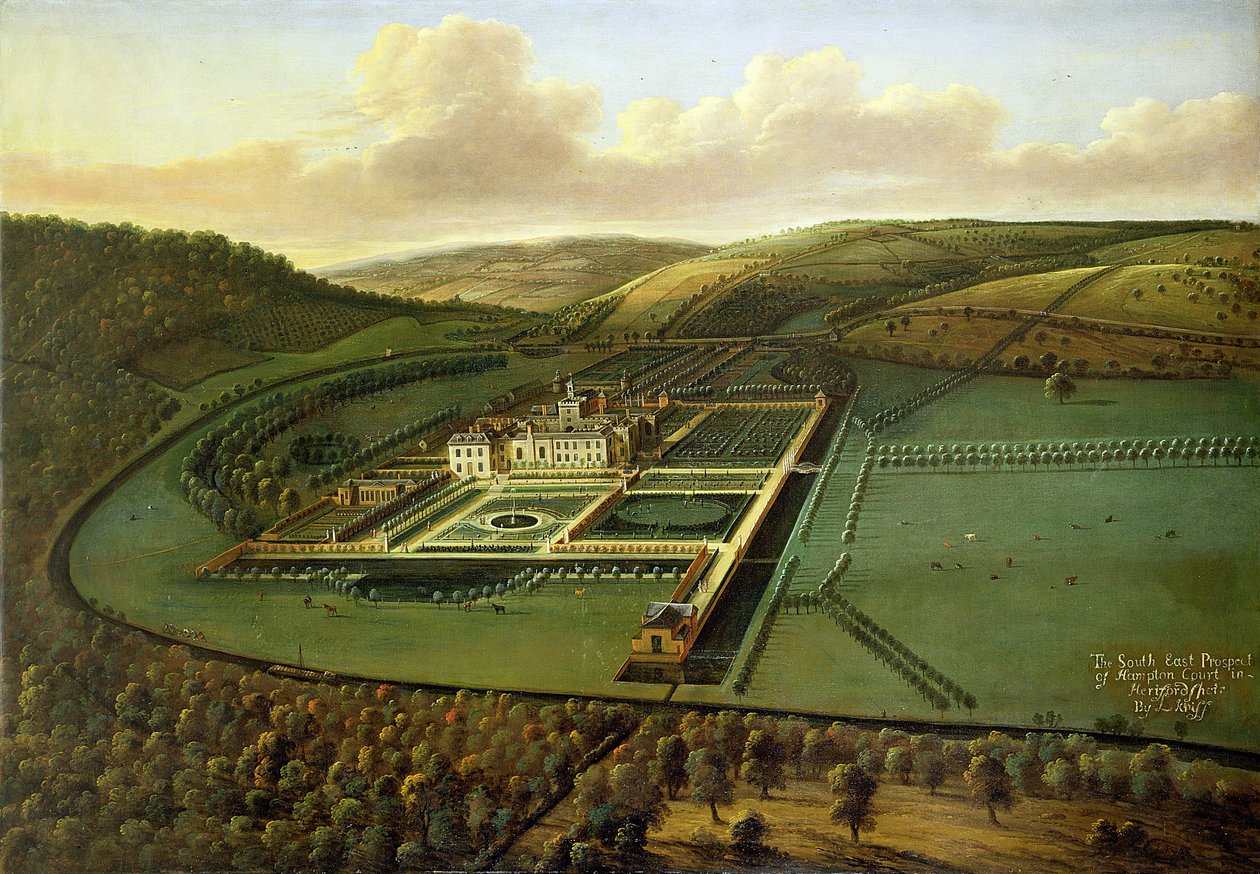 A perspectiva do sudeste de Hampton Court, Herefordshire, c.1699 de Leonard Knyff