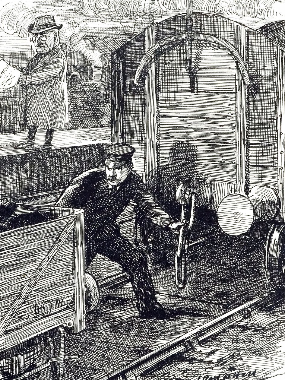 Uma banda desenhada que comenta os acidentes dos trabalhadores dos caminhos-de-ferro. Ilustrado por Leonard Raven-Hill (1867-1942), artista, ilustrador e cartoonista inglês, século XX de Leonard Raven Hill