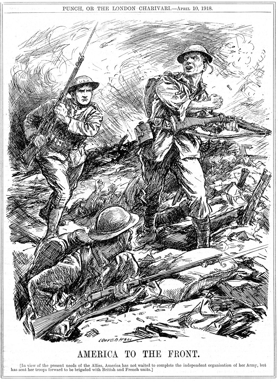 Reforços americanos para ajudar as tropas aliadas antes da chegada do principal exército dos EUA, Primeira Guerra Mundial, 1918 de Leonard Raven Hill