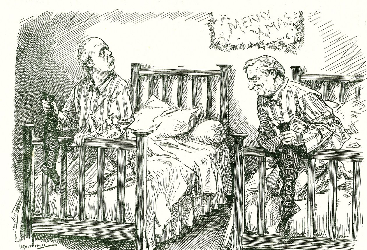Arthur Balfour, conservador, e Herbert Asquith, liberal, com as suas meias de Natal. Nas eleições gerais de dezembro de 1910, nenhum dos dois obteve uma maioria absoluta. Asquith conseguiu formar um governo em coligação com o Partido Nacional Irlandês. Leo de Leonard Raven Hill