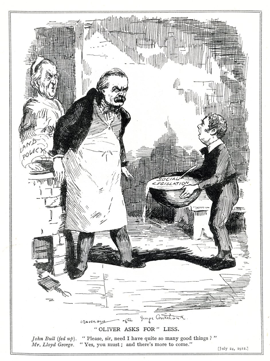 John Bull reclama a Lloyd George que há demasiada reforma na sua legislação social e nas reformas da política de terras, 1912 de Leonard Raven Hill