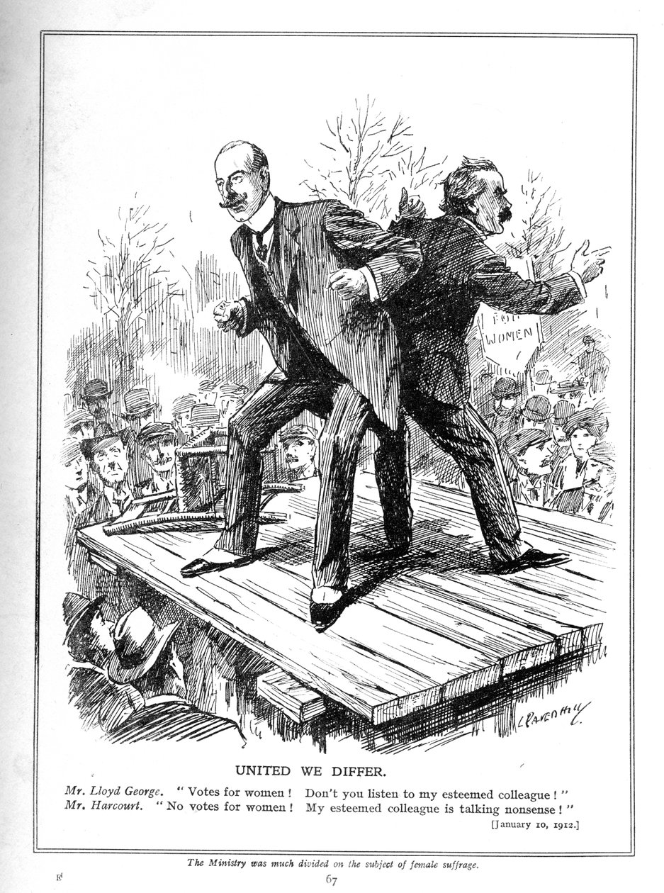 Lloyd George e Harcourt, ambos ministros do governo liberal, discordam em dar votos às mulheres, 1910 de Leonard Raven Hill