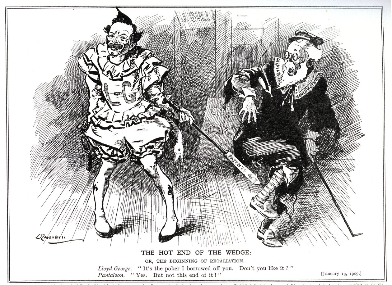 Lloyd George, como presidente da Junta Comercial, protegendo a indústria britânica contra a concorrência alemã pelo "Patents and Designs Act" de 1907, 1909 de Leonard Raven Hill