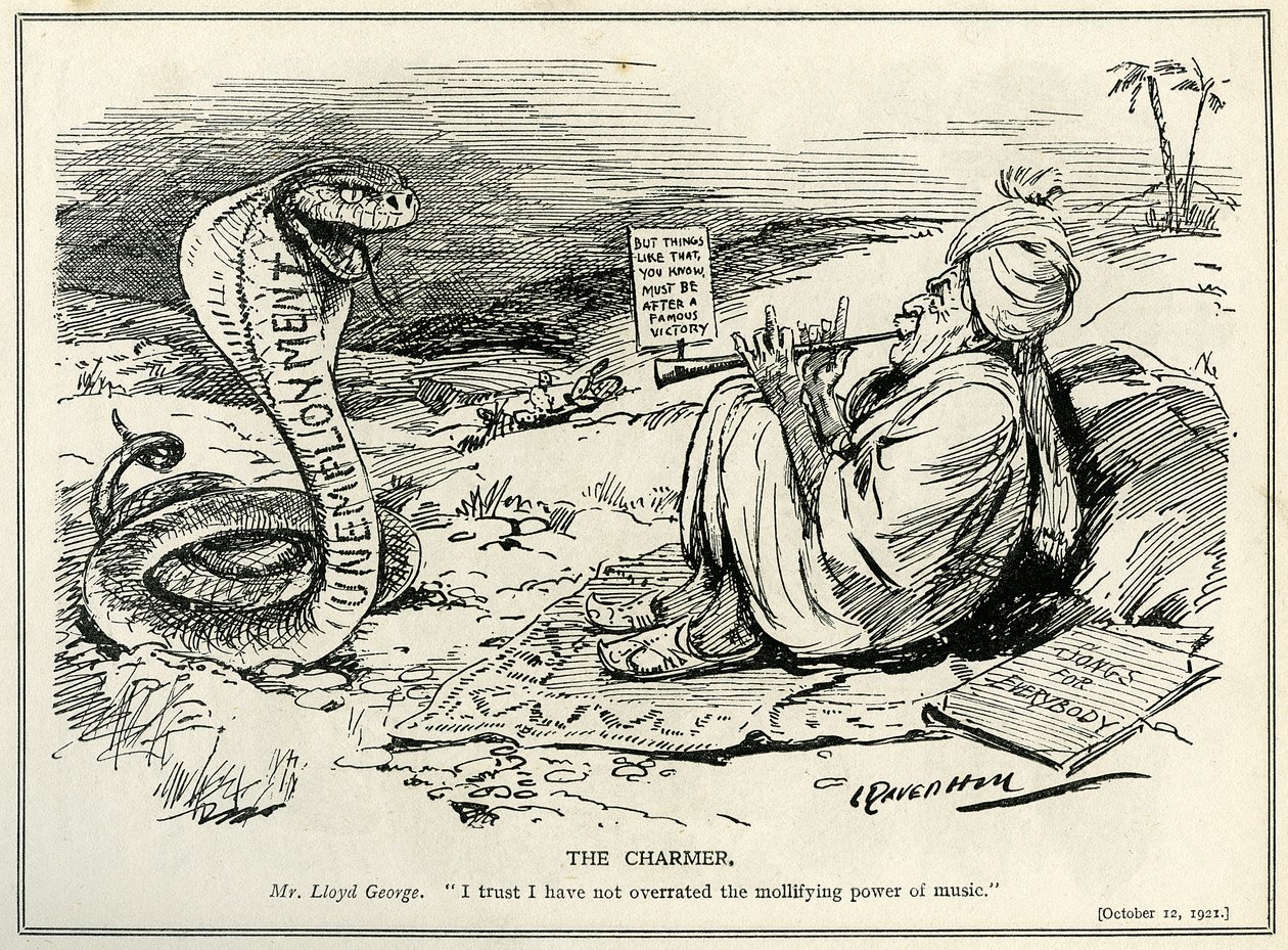 Lloyd George encanta a serpente do desemprego, 1921 de Leonard Raven Hill