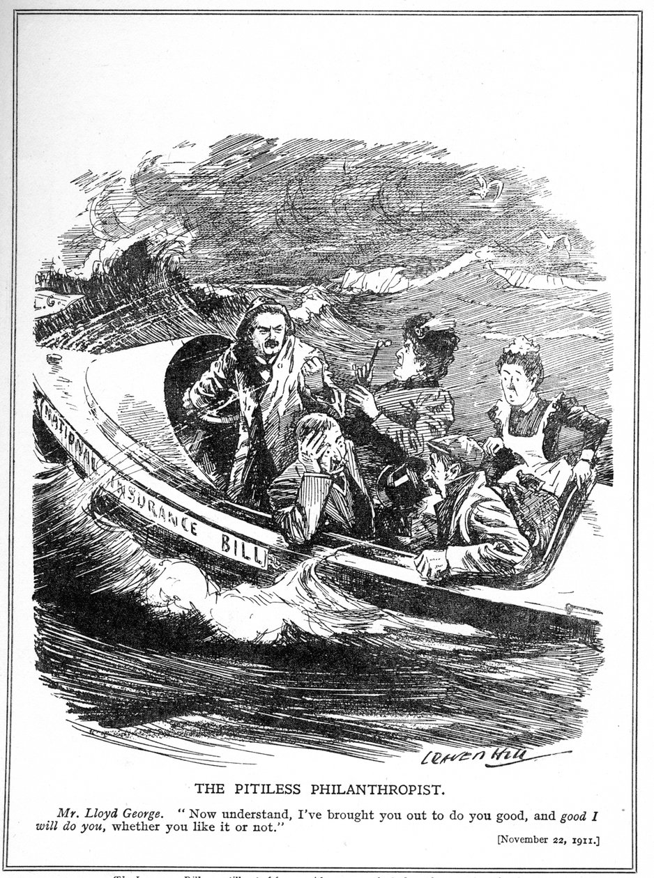 Lloyd George, retratado como um marinheiro salva-vidas, enfrenta oposição ao seu National Insurance Act, 1911 de Leonard Raven Hill