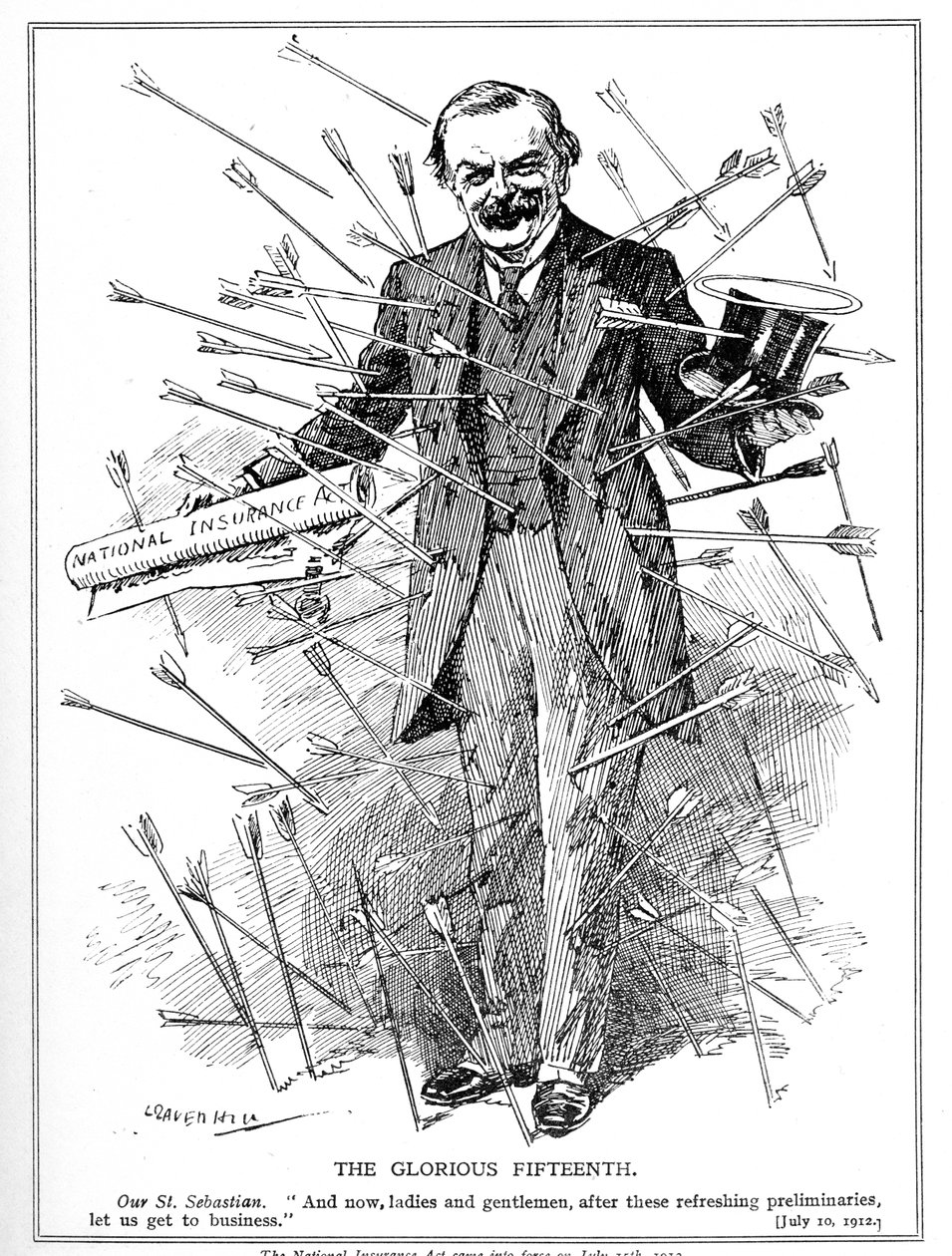 Lloyd George, descrito como o mártir, St. Sebastian, sob ataque por sua Lei de Seguro Nacional, que entrou em vigor em 15 de julho de 1912 Insurance Act, 1911 de Leonard Raven Hill