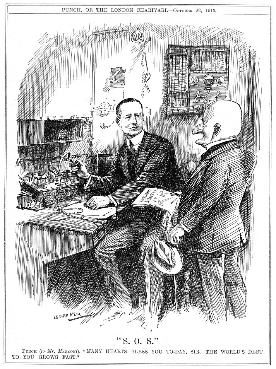 Sr. Punch agradecendo Marconi pela telegrafia sem fio que salvava vidas no mar, 1913 de Leonard Raven Hill