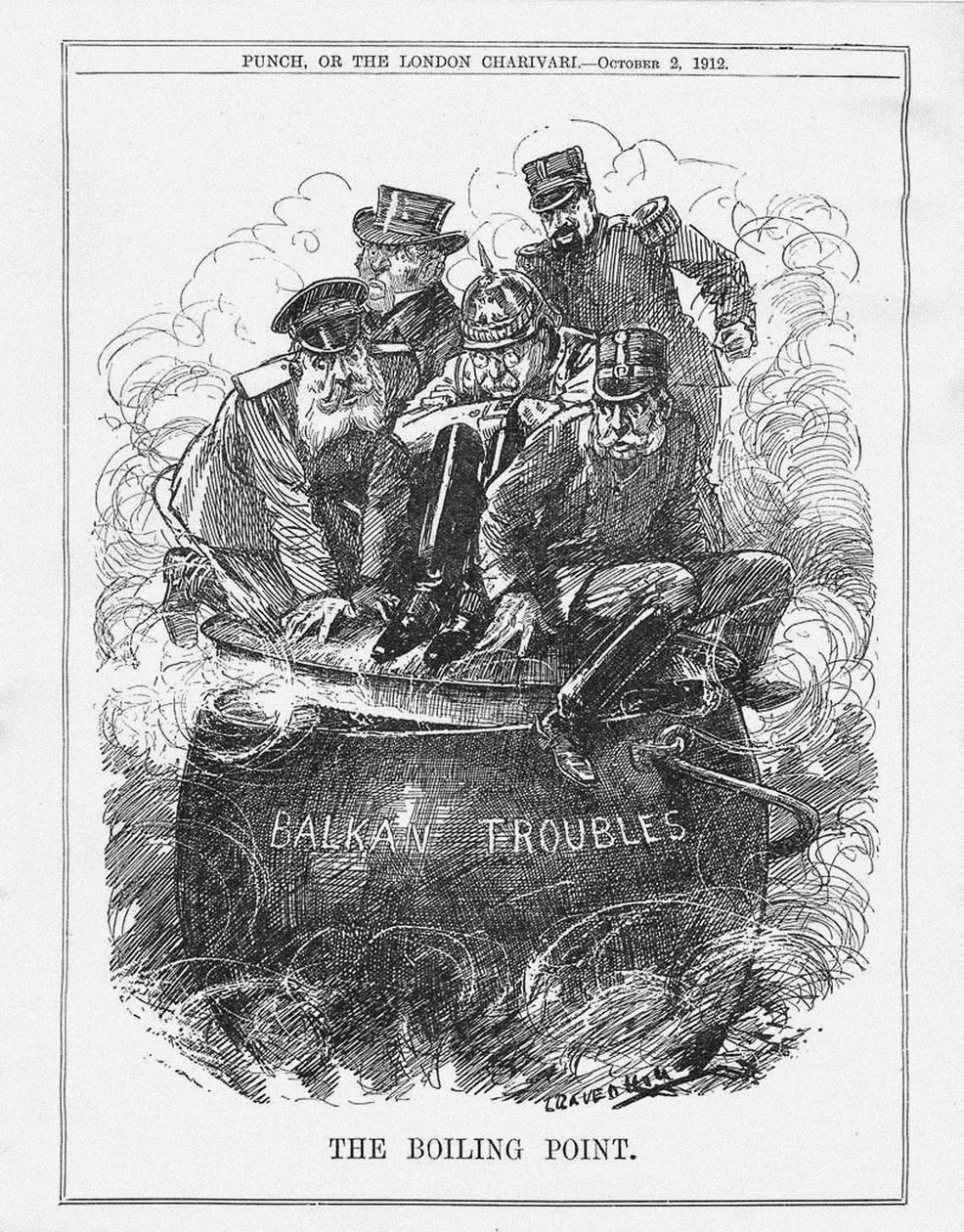 O ponto de ebulição. Revista Punch, 2 de outubro de 1912, 1912 de Leonard Raven Hill