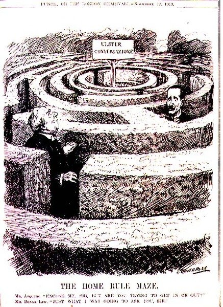 O Labirinto do Regra de Casa. Sr. Asquith: "Desculpe, senhor, mas está a tentar entrar ou sair?" Mr. Bonar Law: "Exactamente o que lhe ia perguntar, senhor" da revista 
