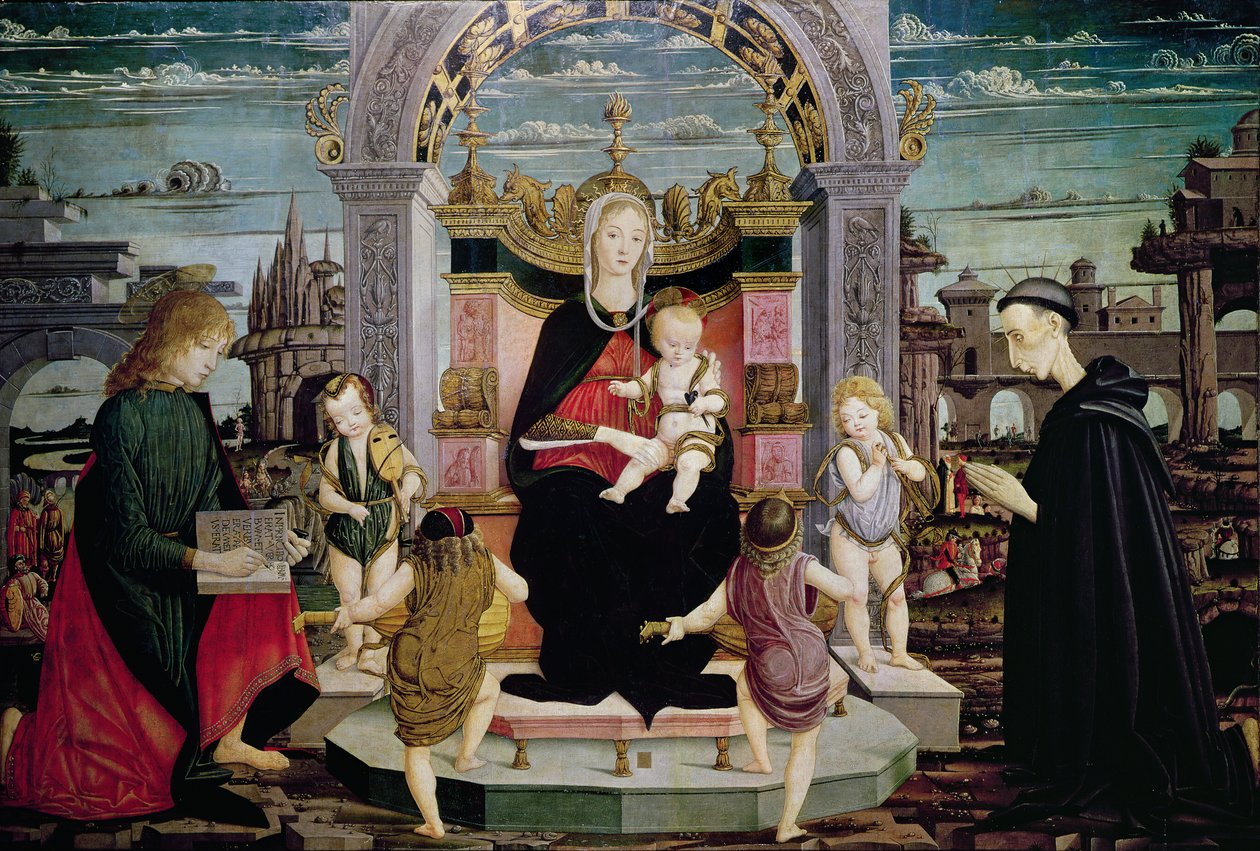 Virgem e Criança, entronizado com São João Evangelista e o Beato Giacomo Bertoni de Leonardo I Scaletti