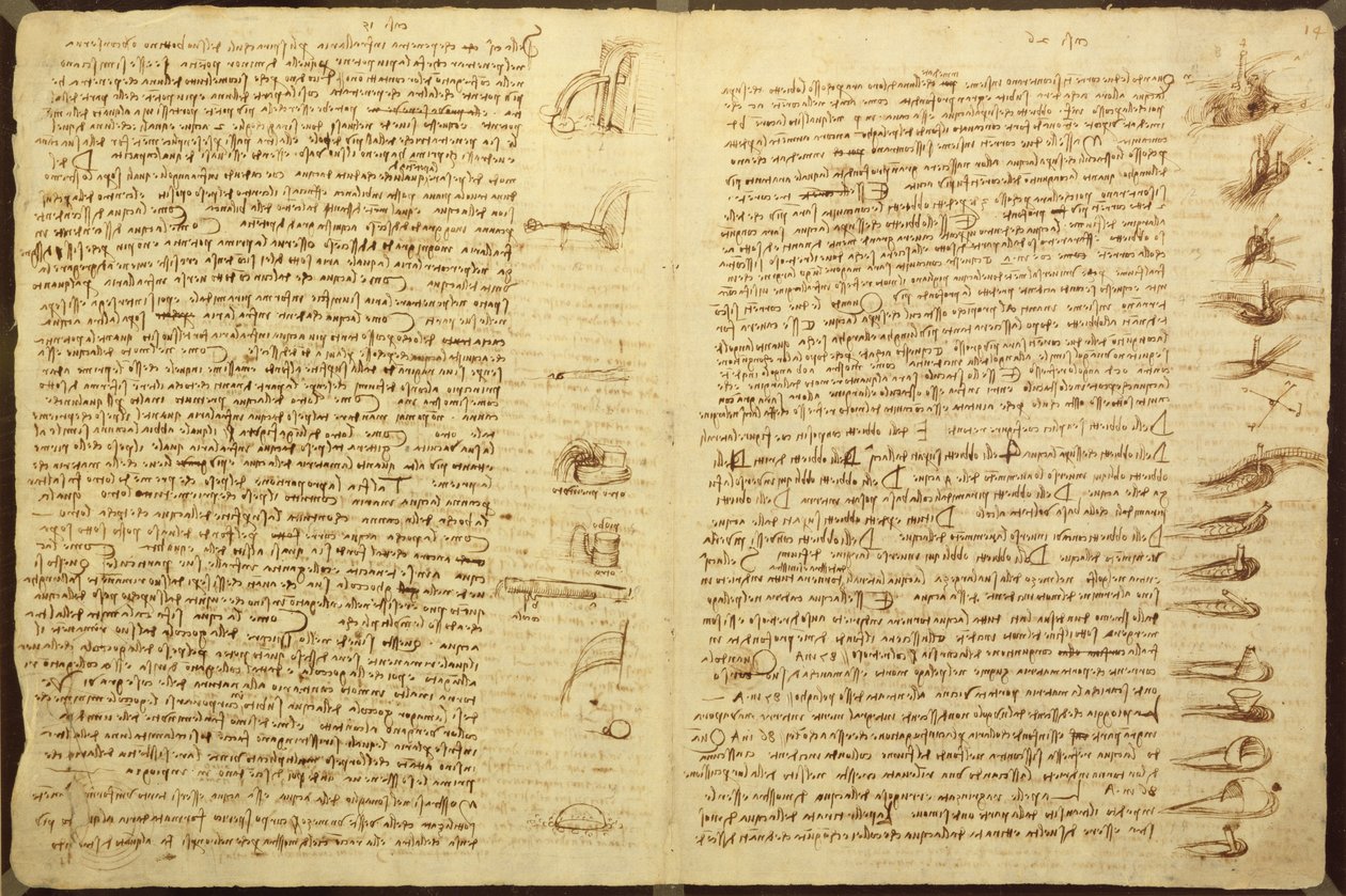 Uma página do Codex Leicester, 1508-12 (tinta sépia em papel de linho) de Leonardo da Vinci