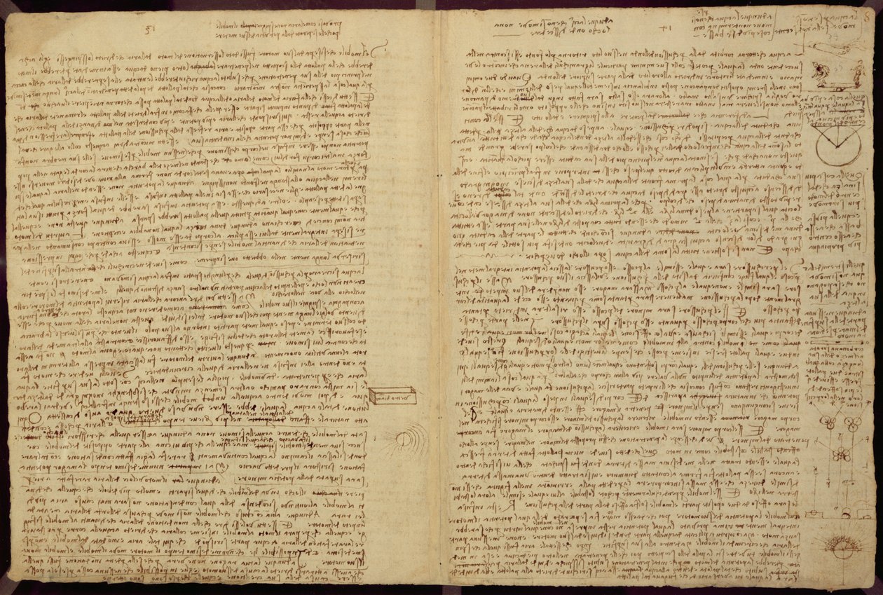 Uma página do Codex Leicester, 1508-12 (tinta sépia em papel de linho) de Leonardo da Vinci
