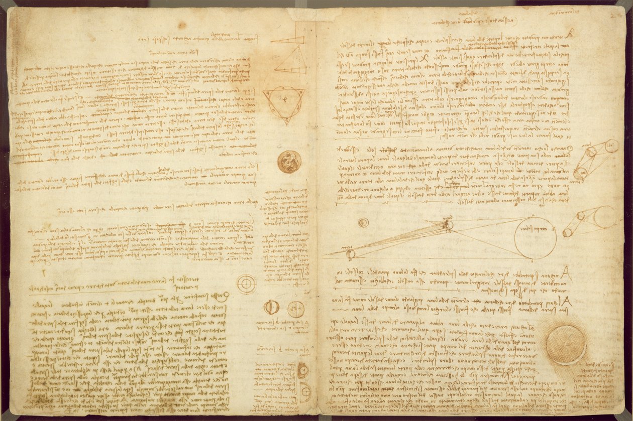 Uma página do Codex Leicester, 1508-12 (tinta sépia em papel de linho) de Leonardo da Vinci