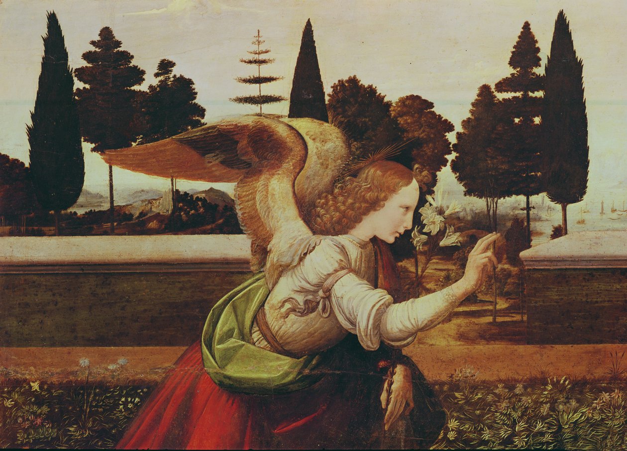 Anjo Gabriel, detalhe da Anunciação, 1472-75 (detalhe de 140570) de Leonardo da Vinci