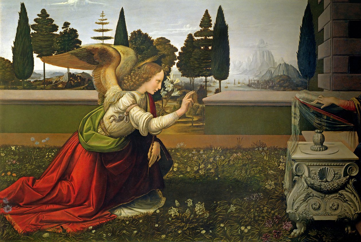 Anjo Gabriel, da Anunciação, 1472-75 (detalhe) (pós-restauração) de Leonardo da Vinci