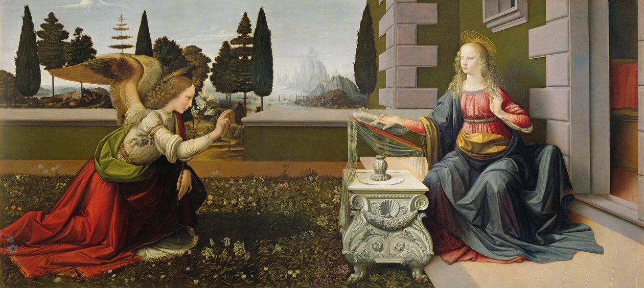 Anunciação, 1472-75 (pós restauração) de Leonardo da Vinci