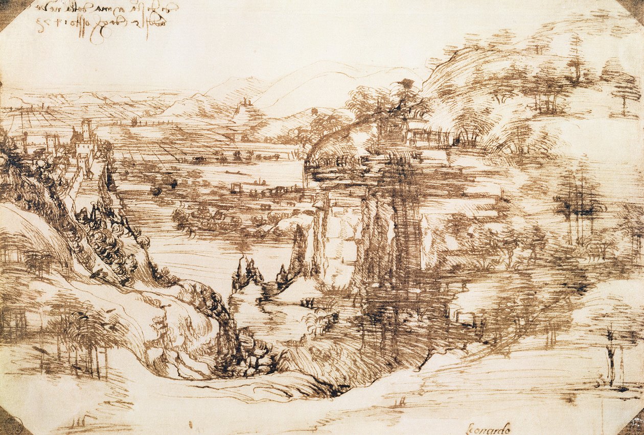 Arno Landscape, 5 de agosto de 1473 (caneta e tinta no papel) de Leonardo da Vinci