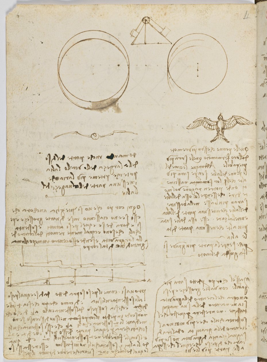 Código de Voo das Aves, c. 1505-06, manuscrito de papel, cc. 18, verso da folha 4 de Leonardo da Vinci