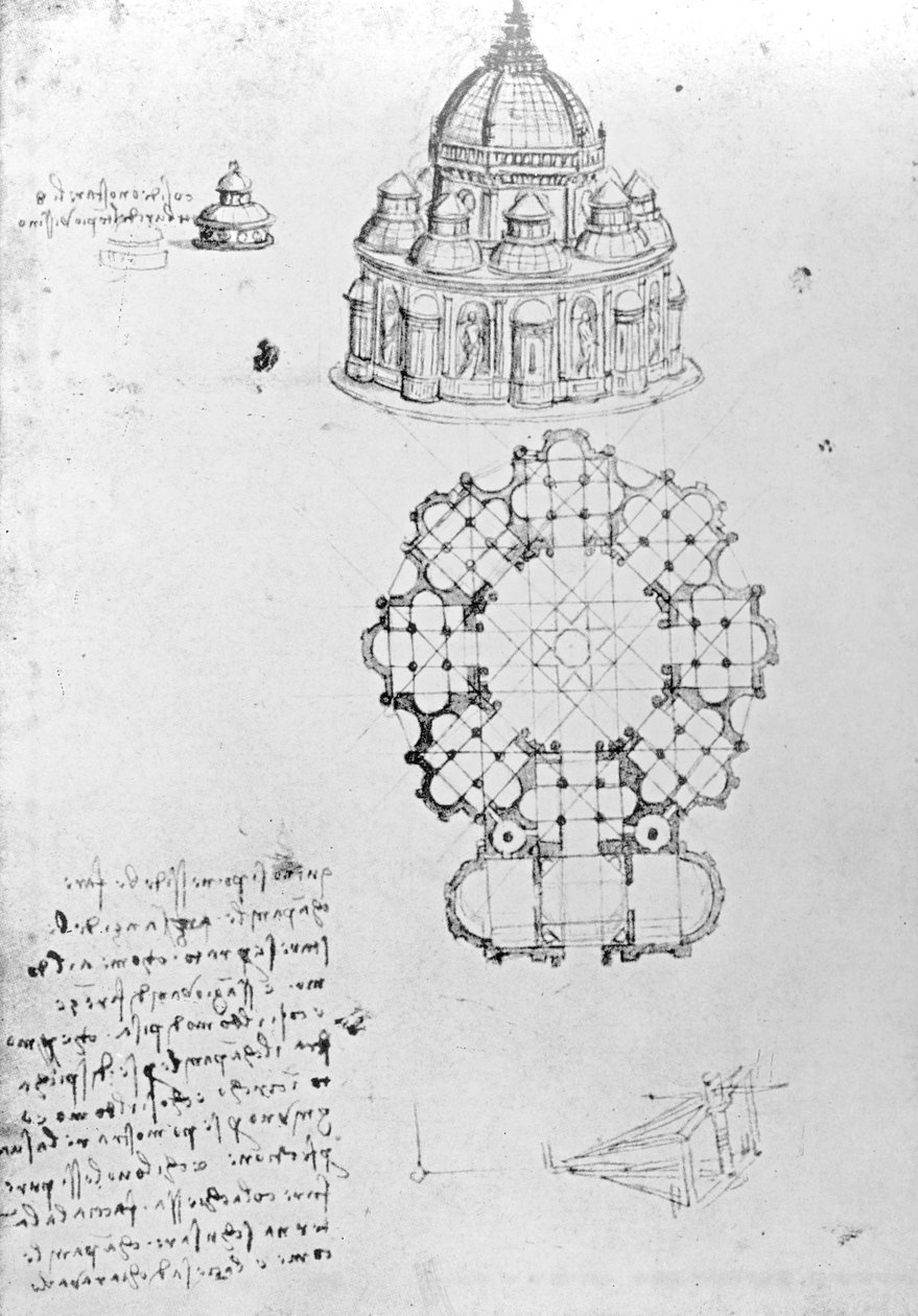 Igreja centralizada e engenharia marítima, Fol. 5v do Codex Ashburnham (anteriormente parte do Manuscrito B (2184), c.1488 de Leonardo da Vinci
