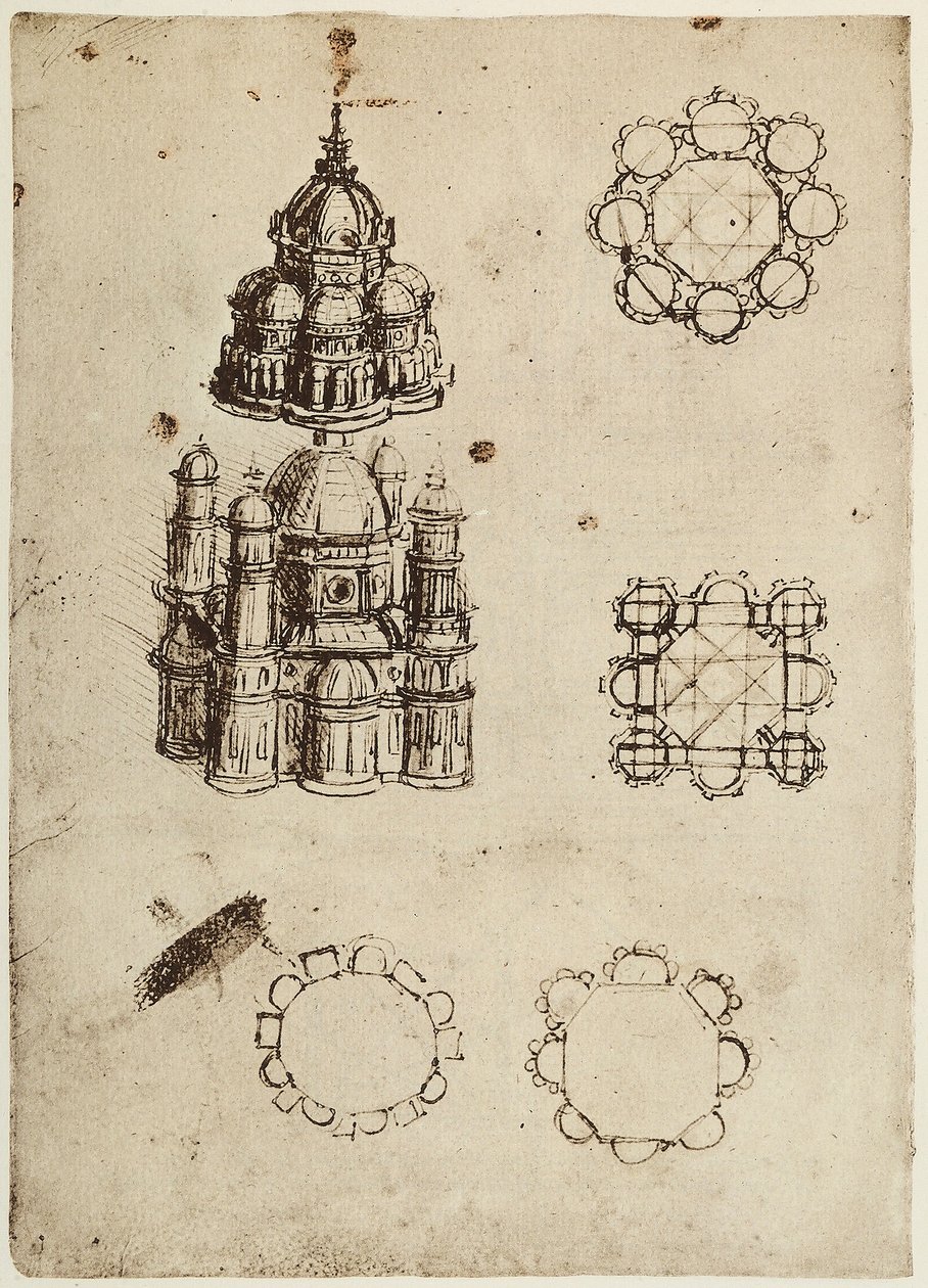 Edifícios centralmente planejados, desenhados por Leonardo da Vinci, parte do Codex B (2173), c.25v, abrigado no Institut de France, Paris de Leonardo da Vinci