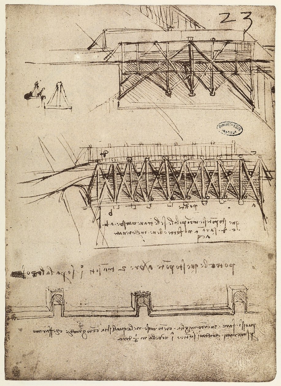 Códice B 2172 f.23r, desenhos para pontes, de Leonardo da Vinci
