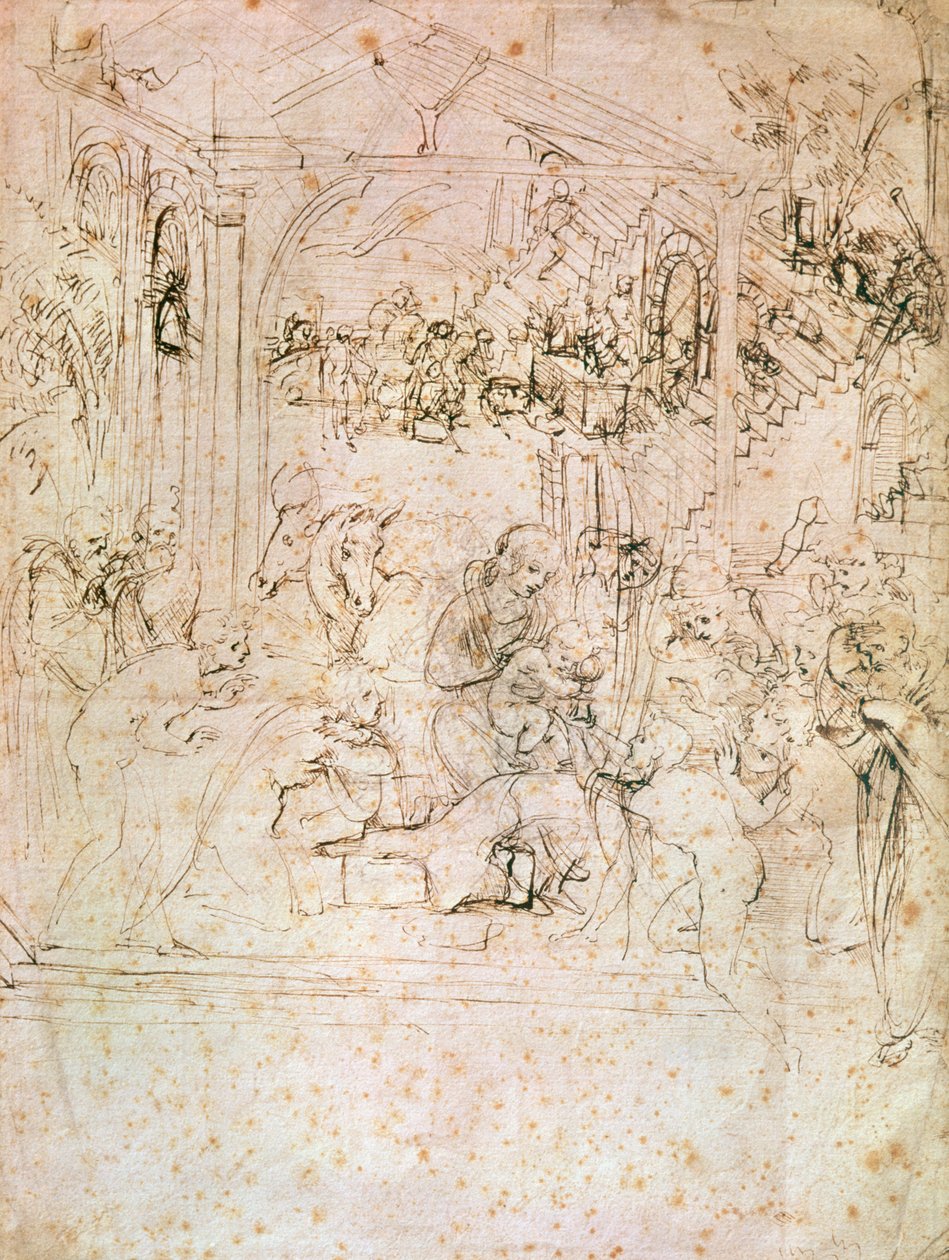 Esboço de composição para a adoração dos Magos, 1481 (caneta e tinta no papel) de Leonardo da Vinci