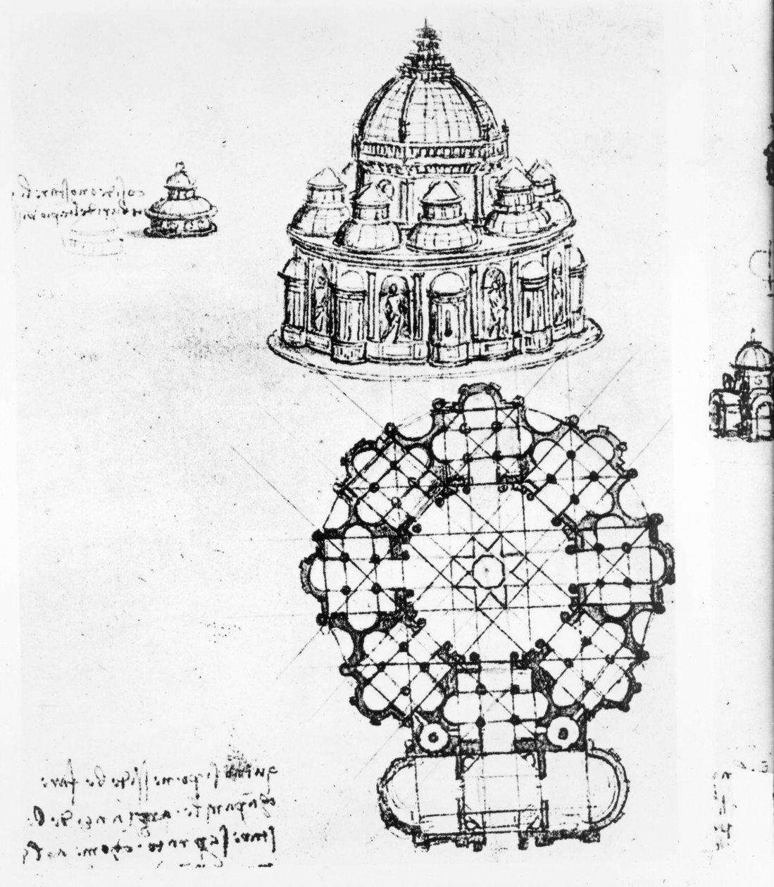 Detalhe, de, um, centralizado, igreja, c.1488, caneta, &, tinta, e, lavagem, sobre, giz preto de Leonardo da Vinci