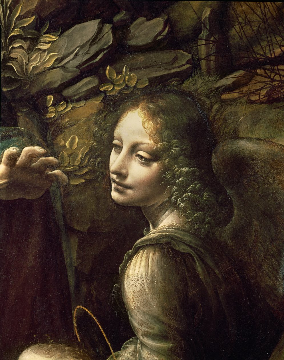 Detalhe do Anjo, da Virgem das Rochas (A Virgem com o Menino São João adorando o Menino Jesus acompanhado de um Anjo), c.1508 de Leonardo da Vinci