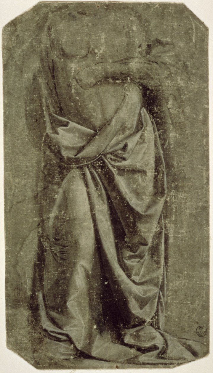 Estudo de cortinas para uma figura em pé, vista da frente, c.1478-80 (têmpera e branco sobre tela) de Leonardo da Vinci
